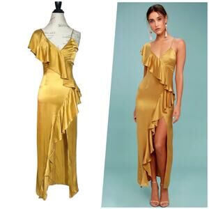 New Friends Colony | Women | Evita Gold Cascade Asymmetric Silk Maxi Dress | XS